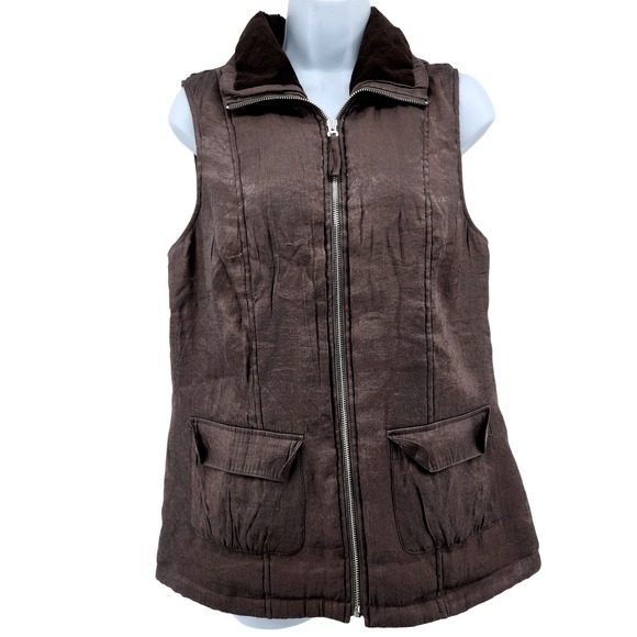 Chico's Vest Womens 0 Small Brown Quilted Full Zip Faux Fur Collar Pockets - Picture 1 of 9